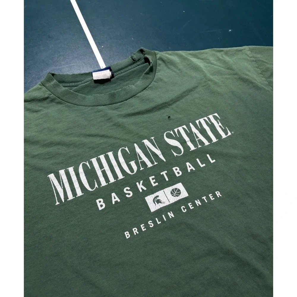 Vtg 90s Michigan State Basketball T-Shirt Men's Large Faded Green Breslin Center
